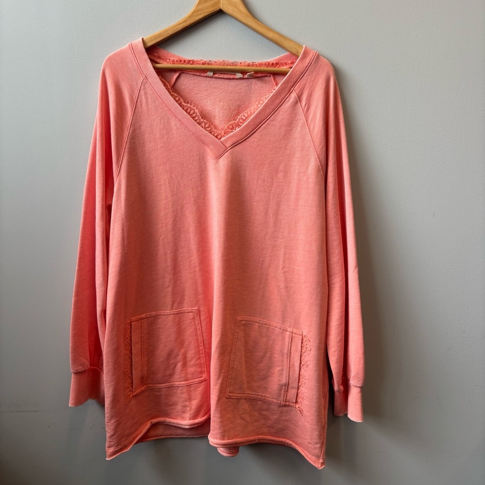 Soft Surroundings 1X Tunic Sweatshirt Coral V-Neck Long Sleeve Lace Trim